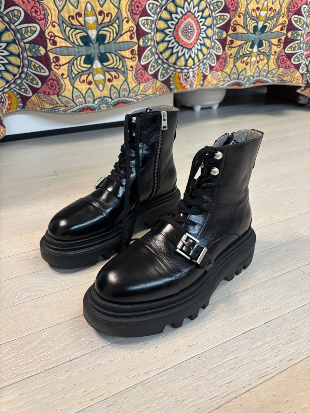 All Saints Black Leather Combat Boots with Buckle